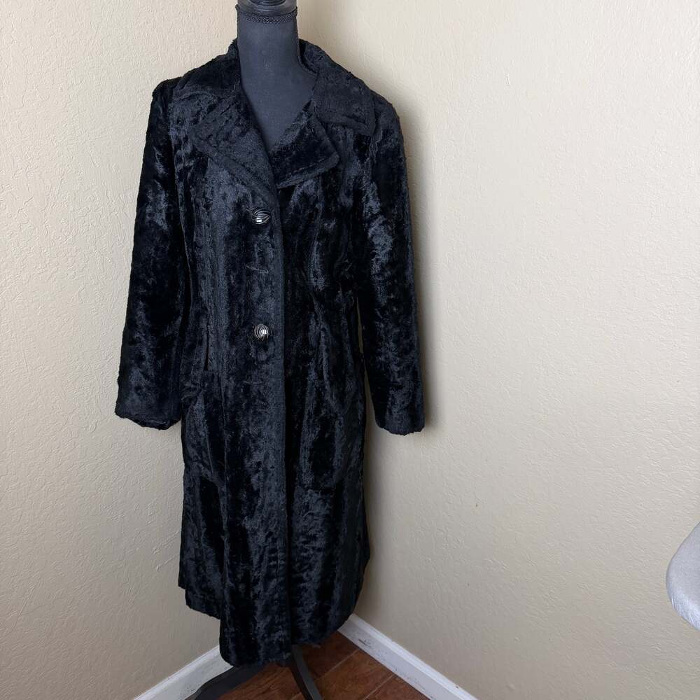Dee Dee Deb Vintage Black Genuine Fur Long Coat Textured Brown Buttons Lined